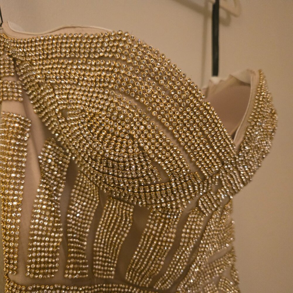 Andrea & Leo Gold Beaded Crystal Embellished Evening Strapless Gown Size 6 - Picture 2 of 13